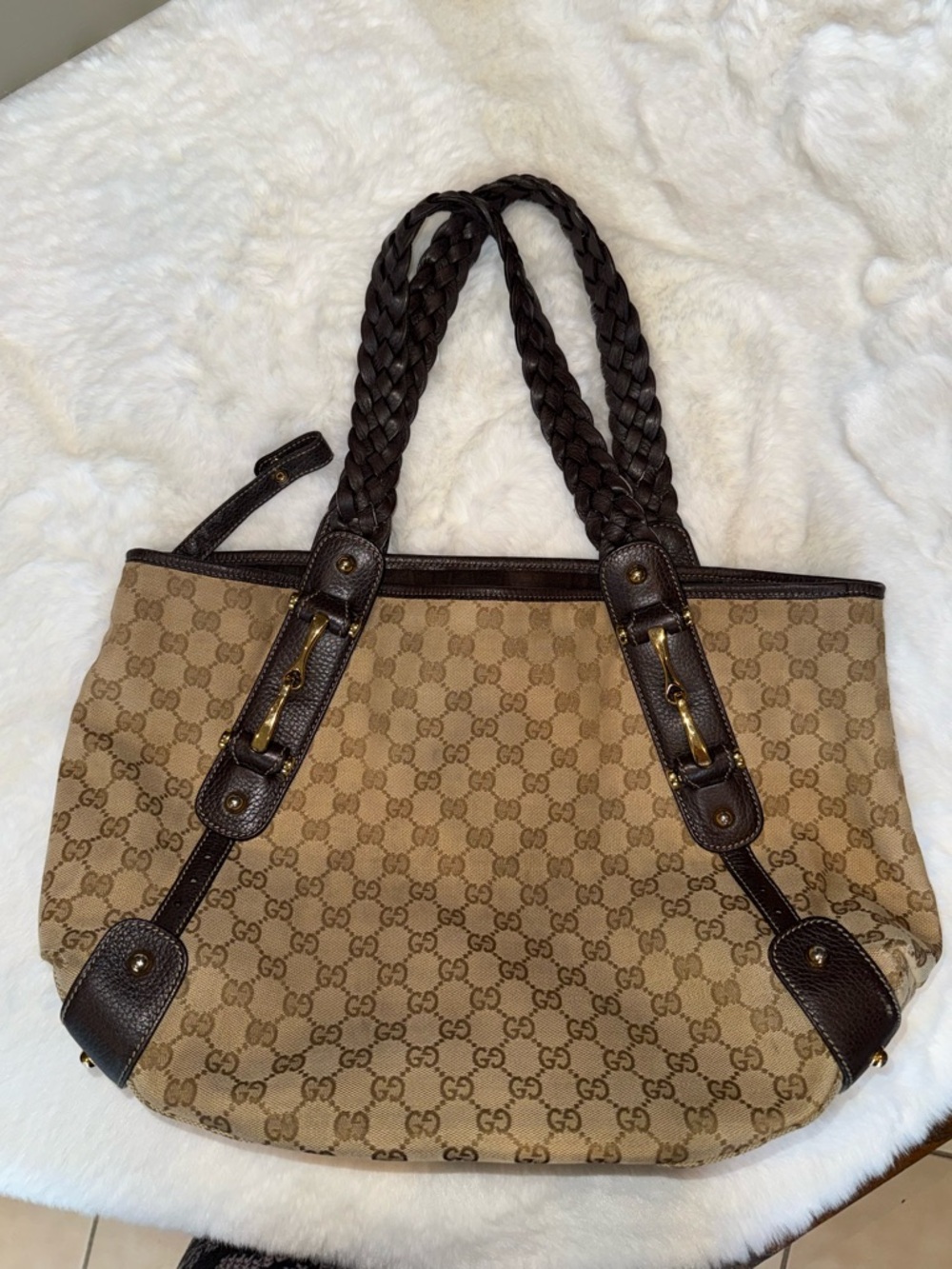 Gucci Tan Monogram Canvas Shoulder Bag with Dark Brown Trim - Picture 6 of 16